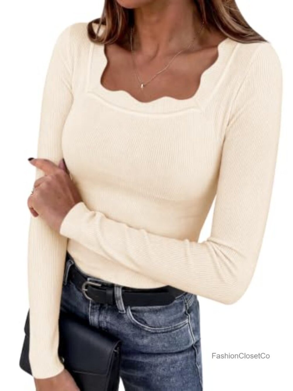 Womens Square Neck Ribbed Knit Long Sleeve Slim Fit Sweater